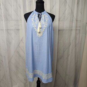 THML Blue Chambray Sleeveless Embroidered Tunic Mini Dress Size L